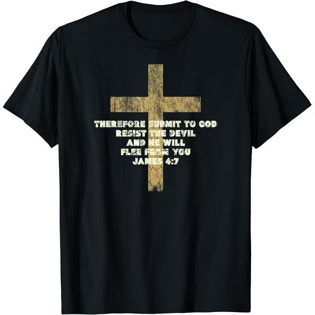 James 4:7 Submit to God Resist the Devil Bible Verse T-Shirt - Black Cotton Unisex T-shirt