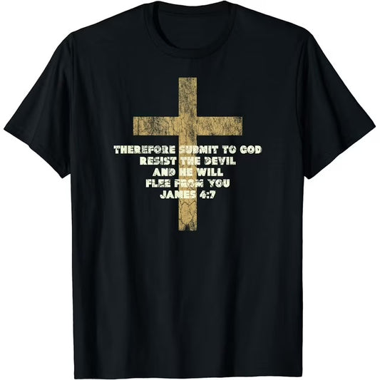 James 4:7 Submit to God Resist the Devil Bible Verse T-Shirt - Black Cotton Unisex T-shirt